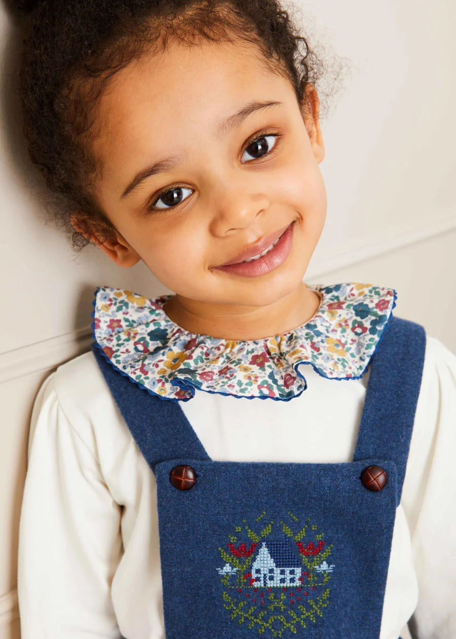 Wool Embroidered Skirt with Braces in Blue (12mths-3yrs) Skirts  from Pepa London