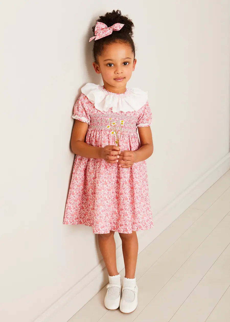 Emilia Floral Hand Smocked Ruffle Collar Short Sleeve Dress in Pink (12mths-10yrs) DRESSES from Pepa London
