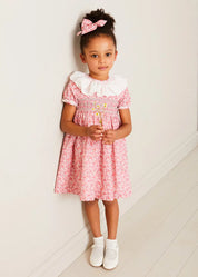 Emilia Floral Hand Smocked Ruffle Collar Short Sleeve Dress in Pink (12mths-10yrs) DRESSES from Pepa London