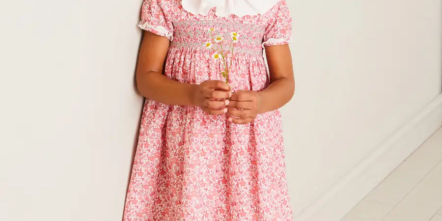 Emilia Floral Hand Smocked Ruffle Collar Short Sleeve Dress in Pink (12mths-10yrs) DRESSES from Pepa London