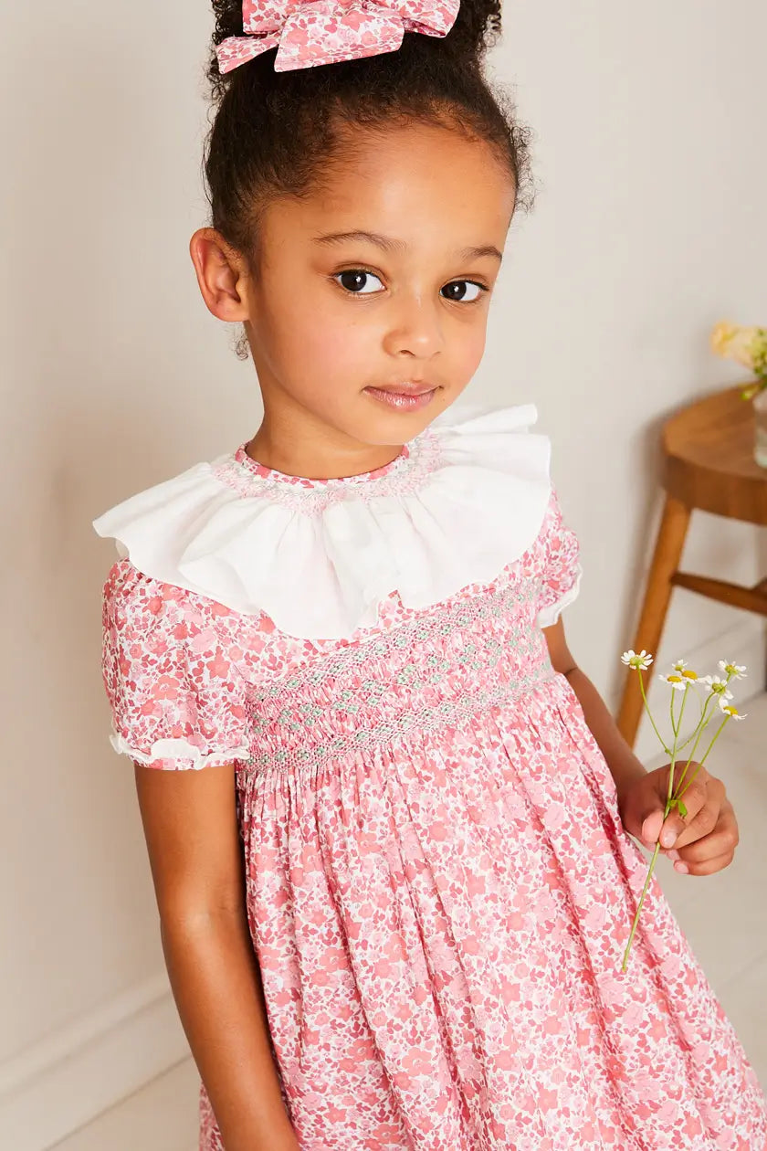 Emilia Floral Hand Smocked Ruffle Collar Short Sleeve Dress in Pink (12mths-10yrs) DRESSES from Pepa London