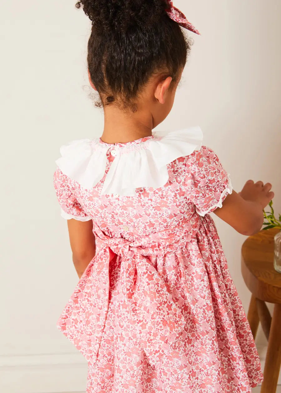 Emilia Floral Hand Smocked Ruffle Collar Short Sleeve Dress in Pink (12mths-10yrs) DRESSES from Pepa London