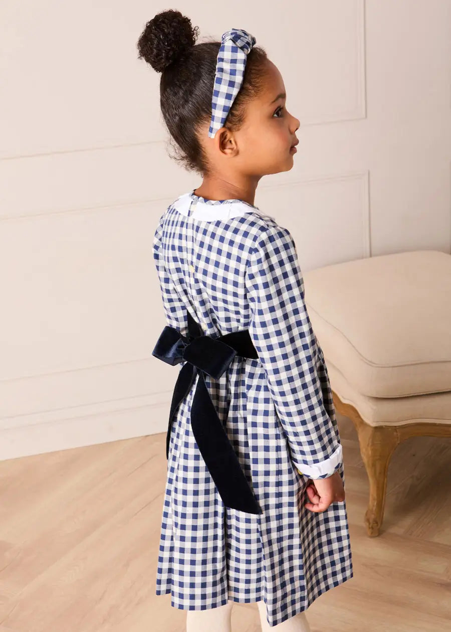 Draycott Check Long Sleeve Velvet Bow Dress in Blue (18mths-10yrs) Dresses from Pepa London