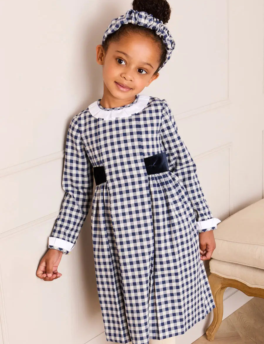 Draycott Check Long Sleeve Velvet Bow Dress in Blue (18mths-10yrs) Dresses from Pepa London