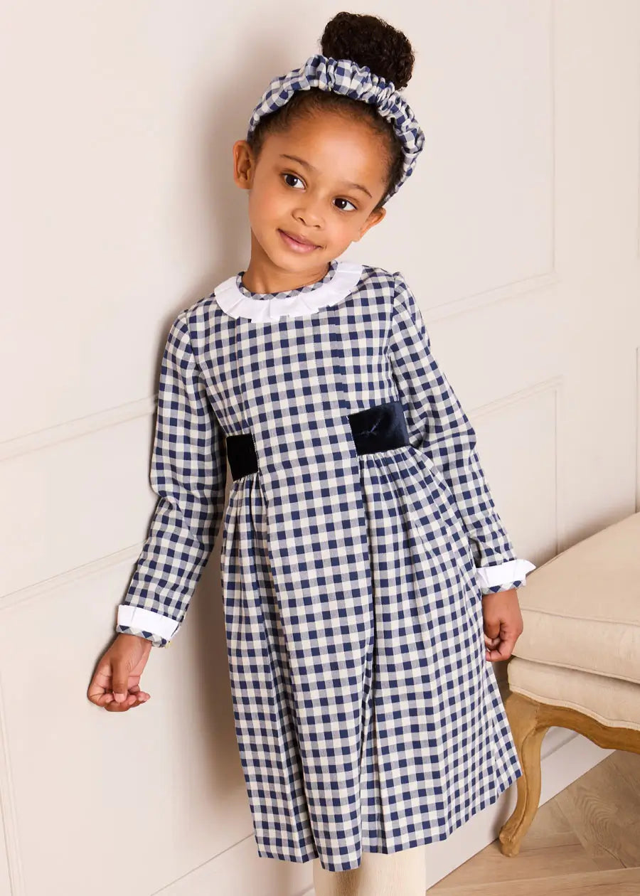 Draycott Check Long Sleeve Velvet Bow Dress in Blue (18mths-10yrs) Dresses from Pepa London