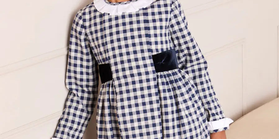 Draycott Check Long Sleeve Velvet Bow Dress in Blue (18mths-10yrs) Dresses from Pepa London