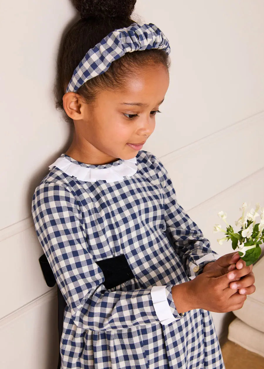 Draycott Check Long Sleeve Velvet Bow Dress in Blue (18mths-10yrs) Dresses from Pepa London