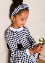 Draycott Check Long Sleeve Velvet Bow Dress in Blue (18mths-10yrs) Dresses from Pepa London