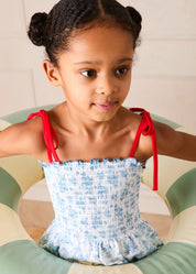 Audrey Toile Smocked Detail Swimsuit in Blue (12mths- 10yrs) Swimwear from Pepa London