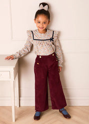 Corduroy Wide Leg Gold Button Trousers in Burgundy (4-10yrs)