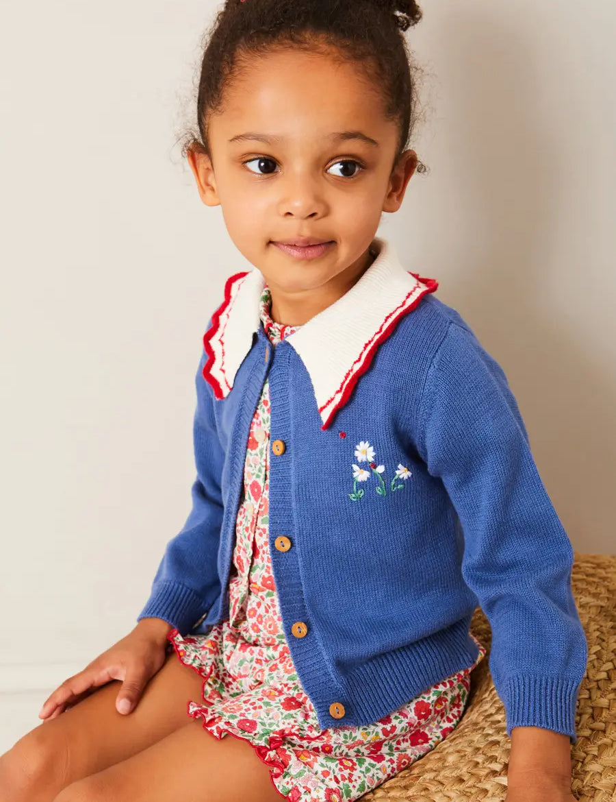 Statement Collar Floral Embroidery Cardigan in Navy (2-10yrs) KNITWEAR from Pepa London