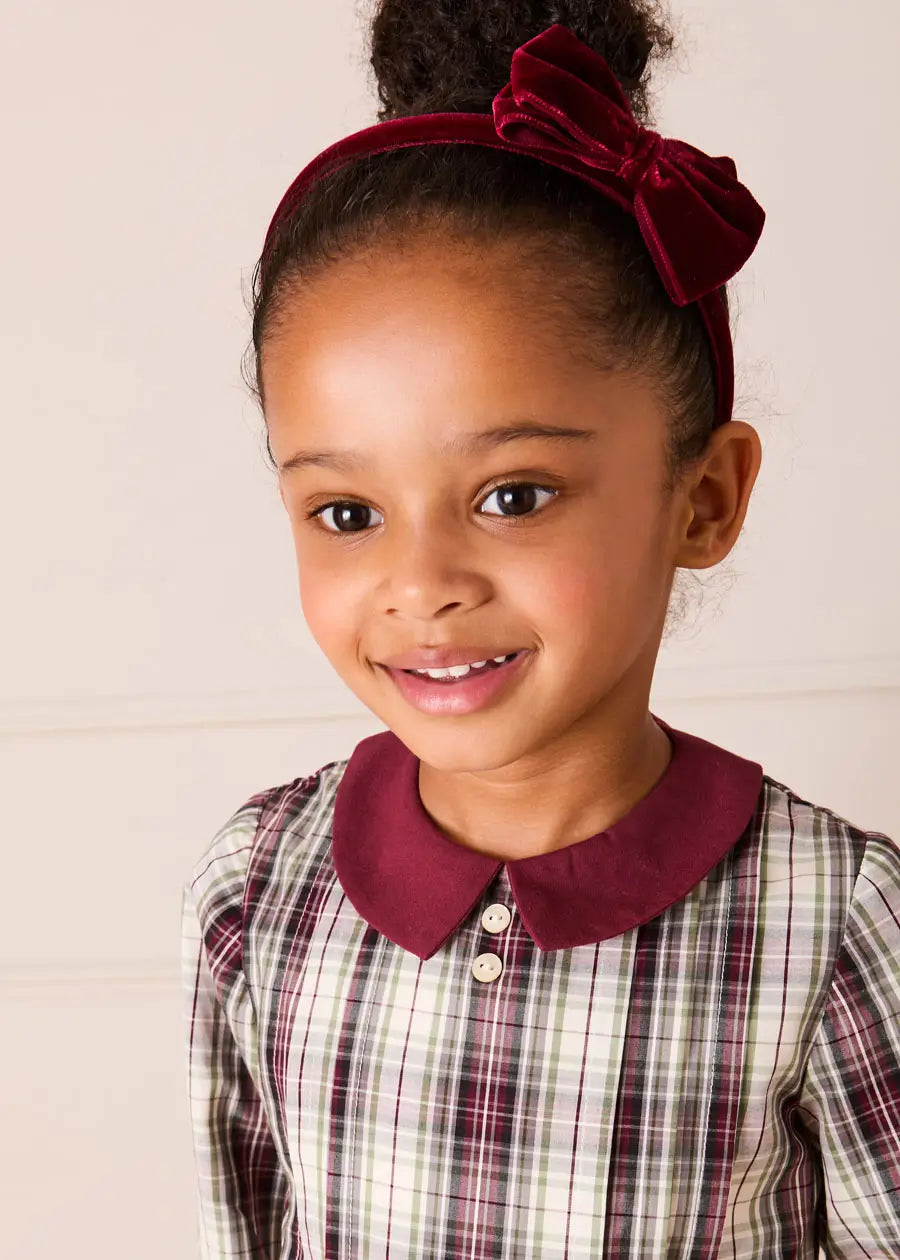 Whittaker Check Long Sleeve Pleated Dress in Burgundy (18mths-12yrs) Dresses from Pepa London