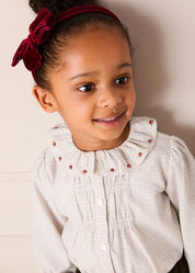 Ambrose Check Floral Embroidered Long Sleeve Blouse in Cream (4-10yrs) Blouses from Pepa London