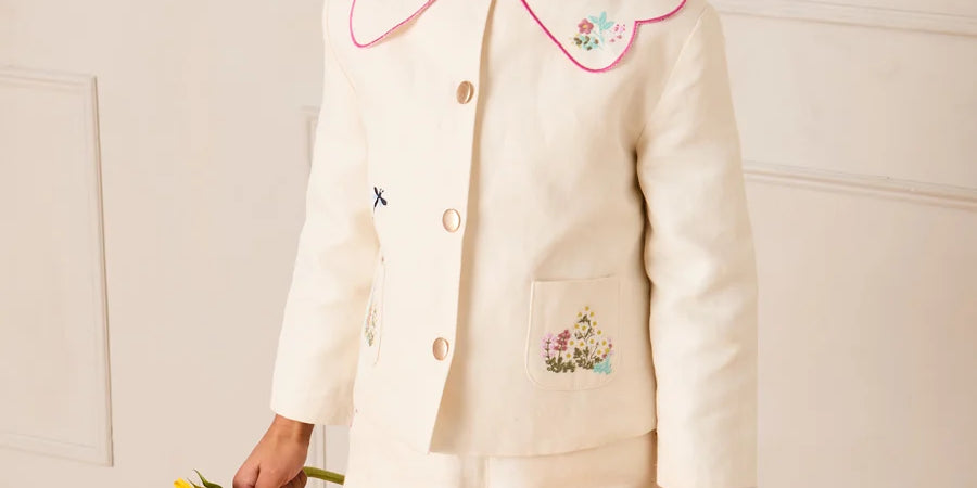 Wildflower Embroidered Statement Collar Jacket in Cream (4-12yrs) Coats from Pepa London