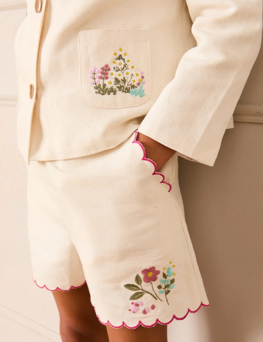 Wildflower Embroidered Scallop Edge Shorts in Cream (4-12yrs) Shorts from Pepa London