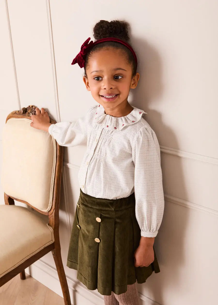 Ambrose Check Floral Embroidered Long Sleeve Blouse in Cream (4-10yrs) Blouses from Pepa London