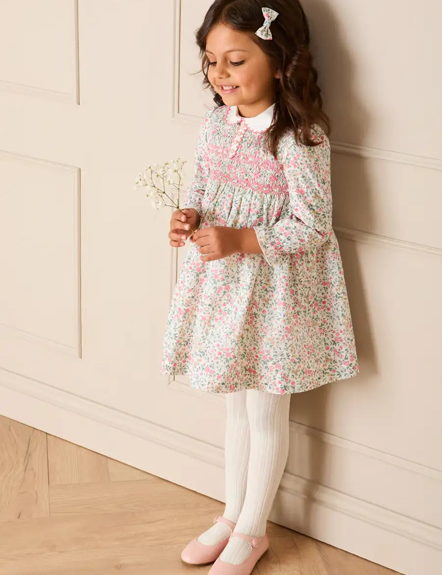 Violet Floral Hand Smocked-Long Sleeve Dress in Pink (12mths-8yrs) Dresses from Pepa London