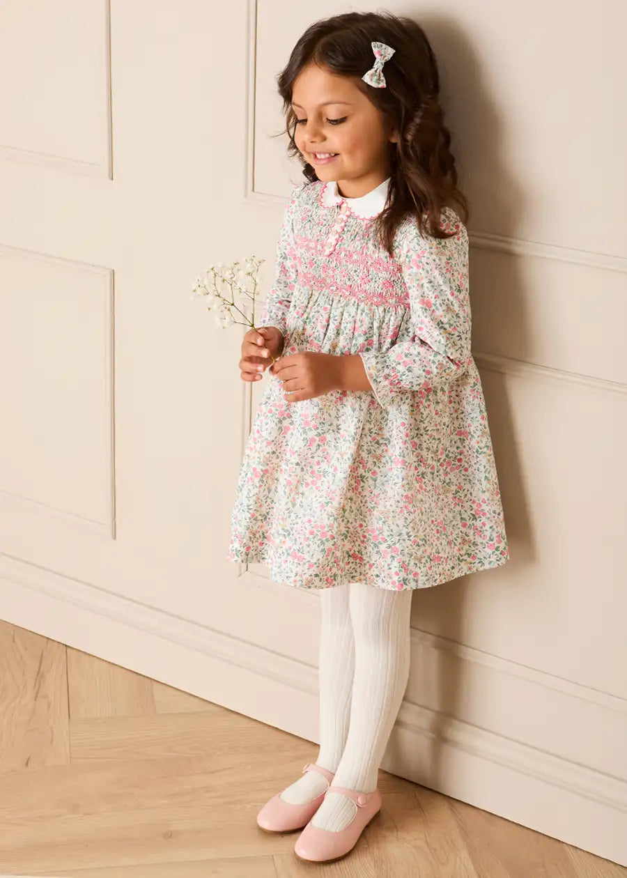 Violet Floral Hand Smocked-Long Sleeve Dress in Pink (12mths-8yrs) Dresses from Pepa London