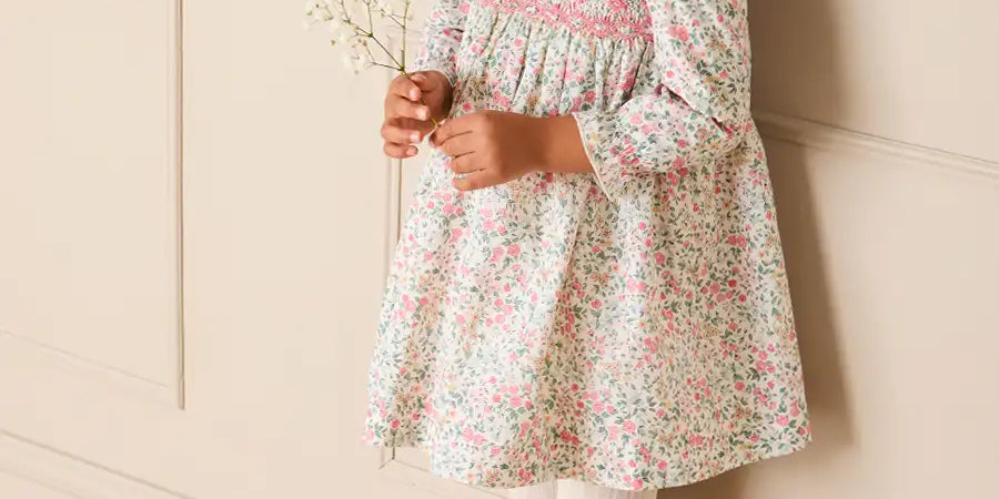 Violet Floral Hand Smocked-Long Sleeve Dress in Pink (12mths-8yrs) Dresses from Pepa London