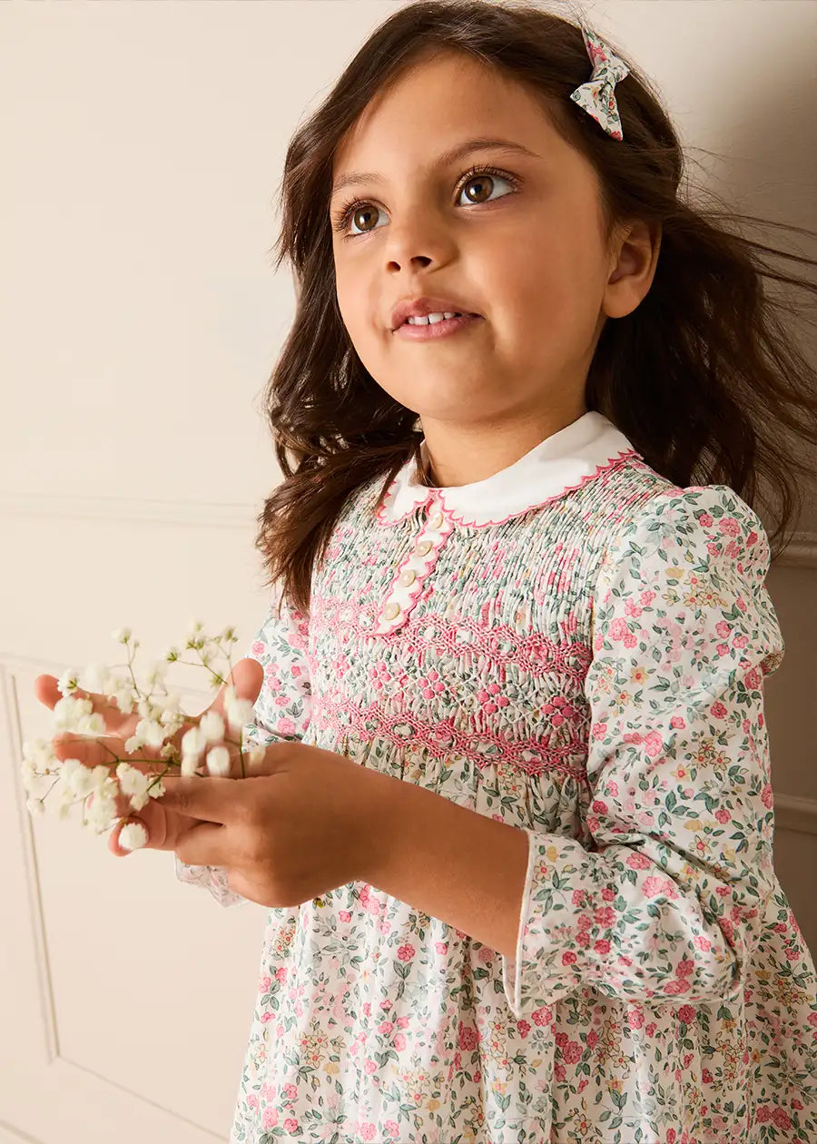 Violet Floral Hand Smocked-Long Sleeve Dress in Pink (12mths-8yrs) Dresses from Pepa London