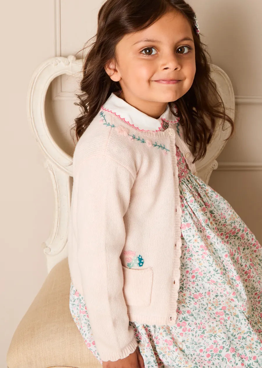 Wildflower Embroidered Knitted Cardigan in Pale Pink (3mths-4yrs) Knitwear from Pepa London