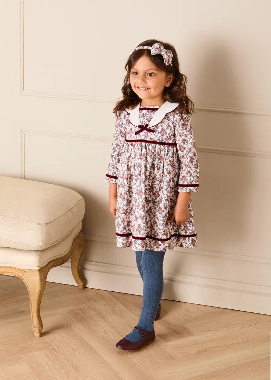 Victoria Floral Scallop Mariner Collar Long Sleeve Dress in Burgundy (18mths-10yrs) Dresses from Pepa London