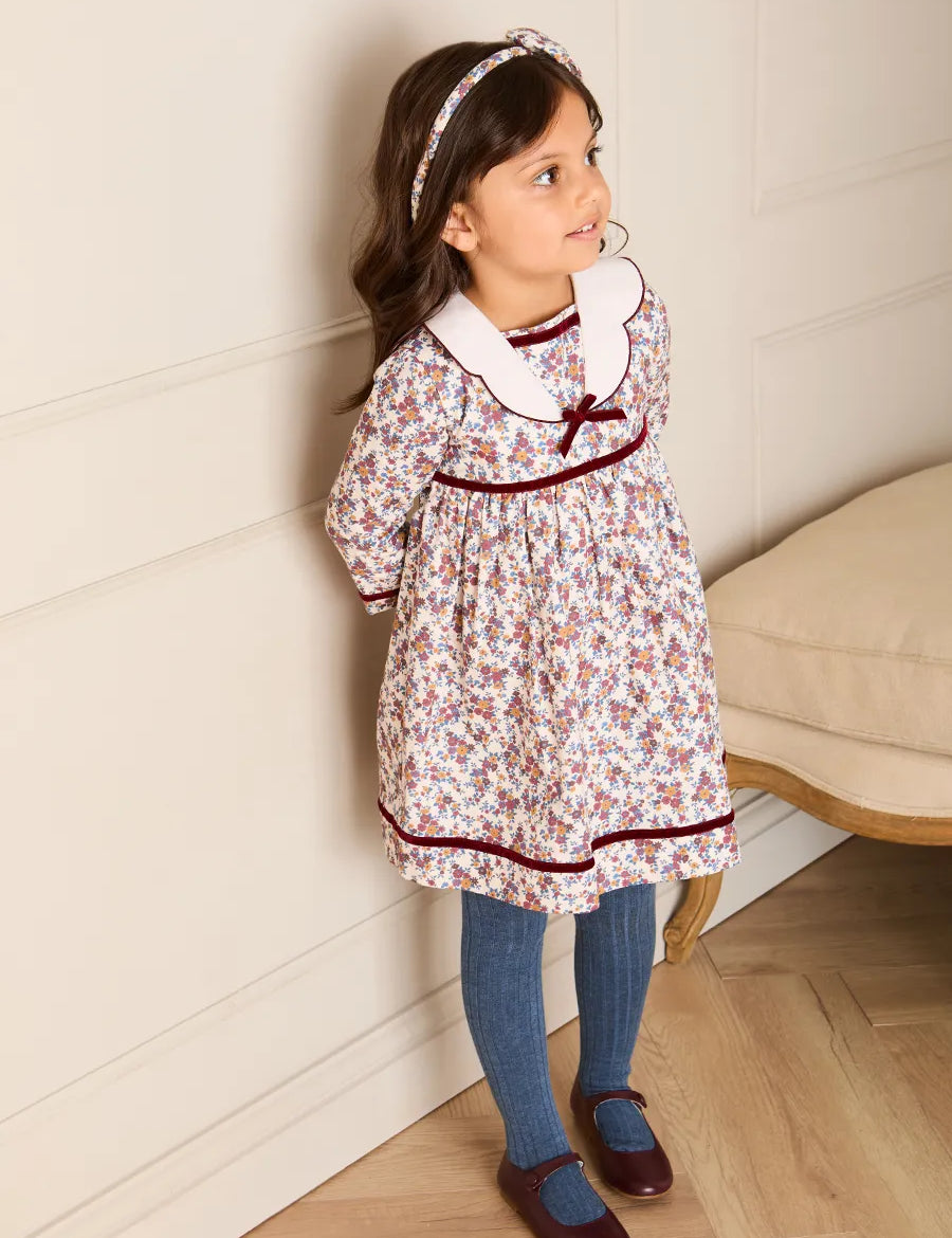 Victoria Floral Scallop Mariner Collar Long Sleeve Dress in Burgundy (18mths-10yrs) Dresses from Pepa London