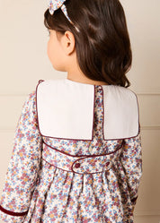 Victoria Floral Scallop Mariner Collar Long Sleeve Dress in Burgundy (18mths-10yrs) Dresses from Pepa London