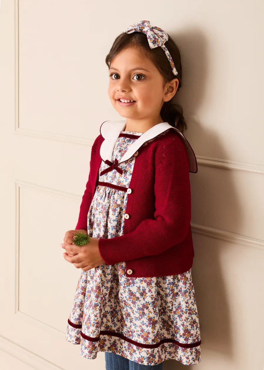 Victoria Floral Scallop Mariner Collar Long Sleeve Dress in Burgundy (18mths-10yrs) Dresses from Pepa London