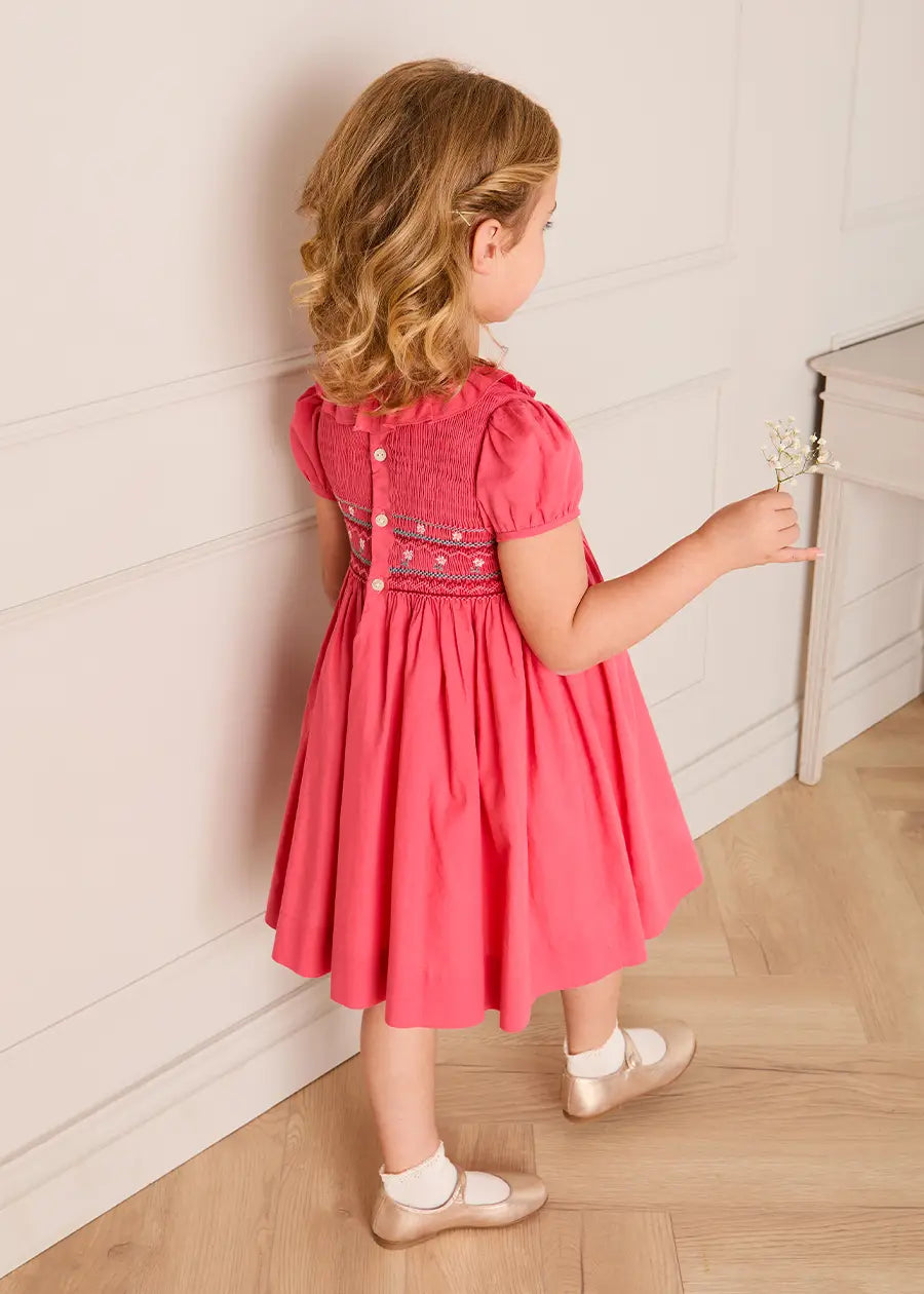 Hand Smocked Flower Embroidered Dress in Strawberry (12mths- 10yrs) Dresses from Pepa London