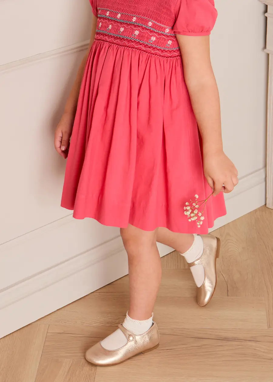 Hand Smocked Flower Embroidered Dress in Strawberry (12mths- 10yrs) Dresses from Pepa London