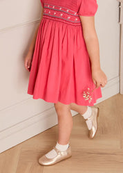 Hand Smocked Flower Embroidered Dress in Strawberry (12mths- 10yrs) Dresses from Pepa London