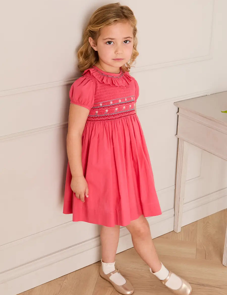 Hand Smocked Flower Embroidered Dress in Strawberry (12mths- 10yrs) Dresses from Pepa London