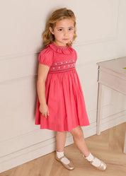Hand Smocked Flower Embroidered Dress in Strawberry (12mths- 10yrs) Dresses from Pepa London