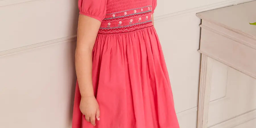Hand Smocked Flower Embroidered Dress in Strawberry (12mths- 10yrs) Dresses from Pepa London
