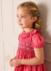 Hand Smocked Flower Embroidered Dress in Strawberry (12mths- 10yrs) Dresses from Pepa London