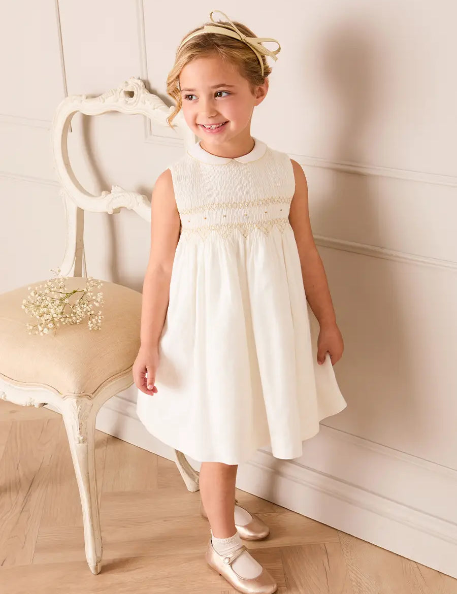Hand Smocked Gold Embroidered Sleeveless Dress in Ivory (12mths- 10yrs) Dresses from Pepa London