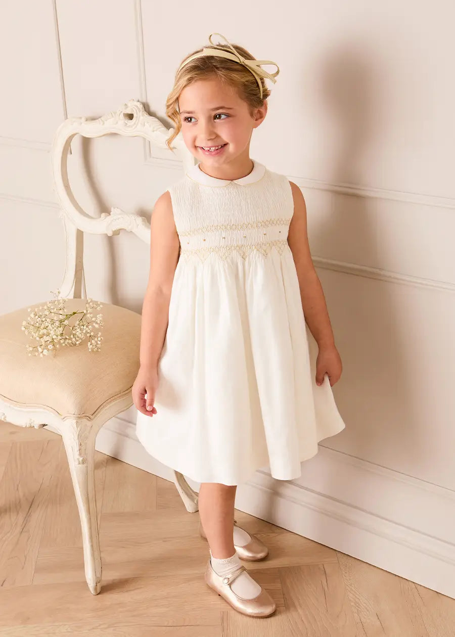Hand Smocked Gold Embroidered Sleeveless Dress in Ivory (12mths- 10yrs) Dresses from Pepa London