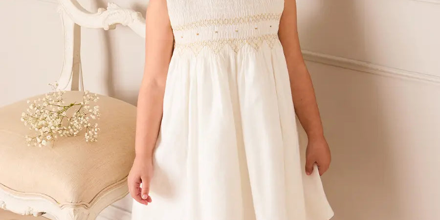 Hand Smocked Gold Embroidered Sleeveless Dress in Ivory (12mths- 10yrs) DRESSES from Pepa London