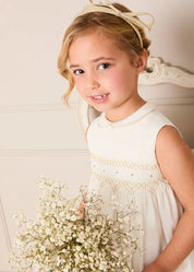 Hand Smocked Gold Embroidered Sleeveless Dress in Ivory (12mths- 10yrs) Dresses from Pepa London