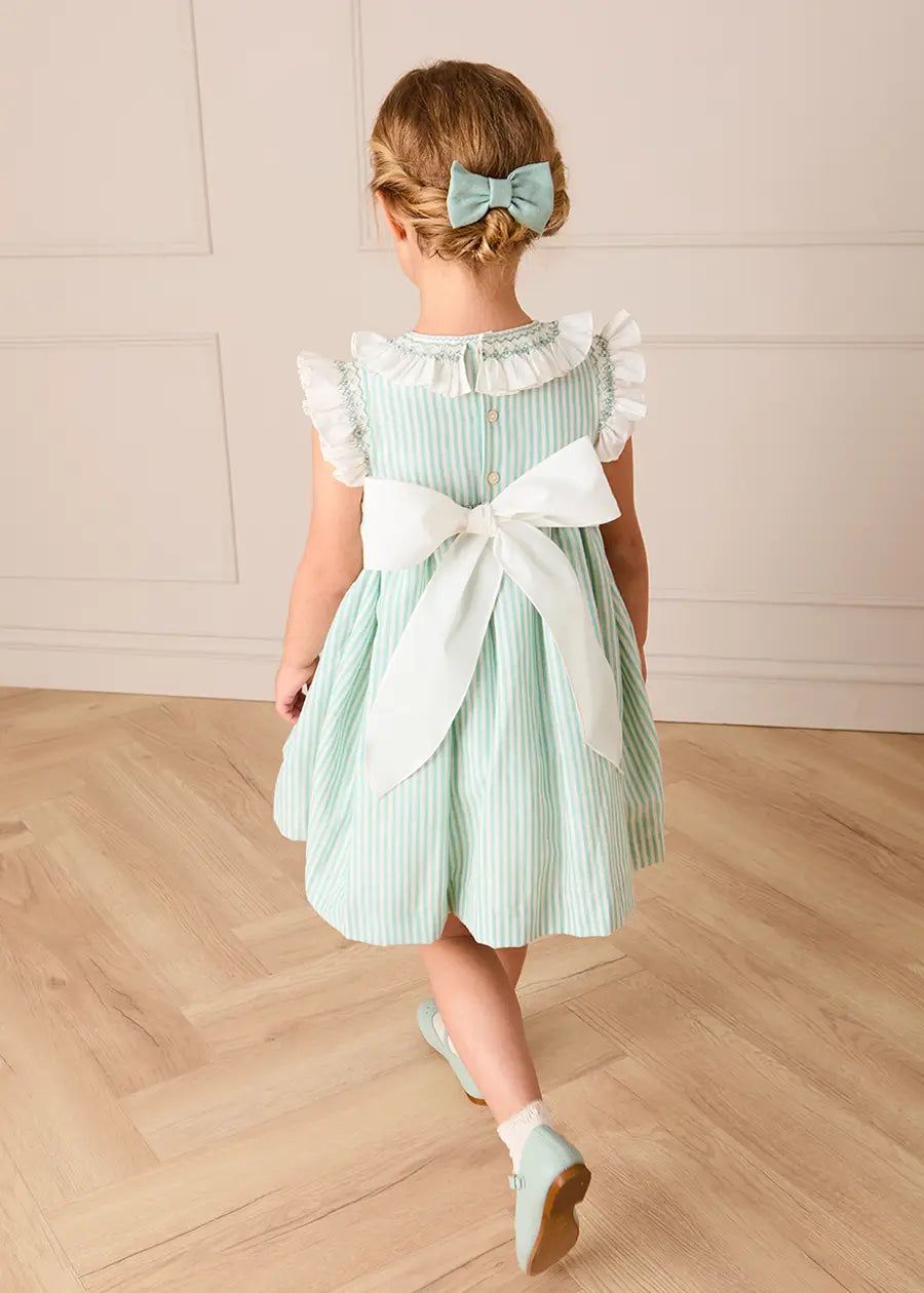 Wimbledon Stripe Hand Smocked Frill Collar Cap Sleeve Dress in Green (12mths- 10yrs) Dresses from Pepa London