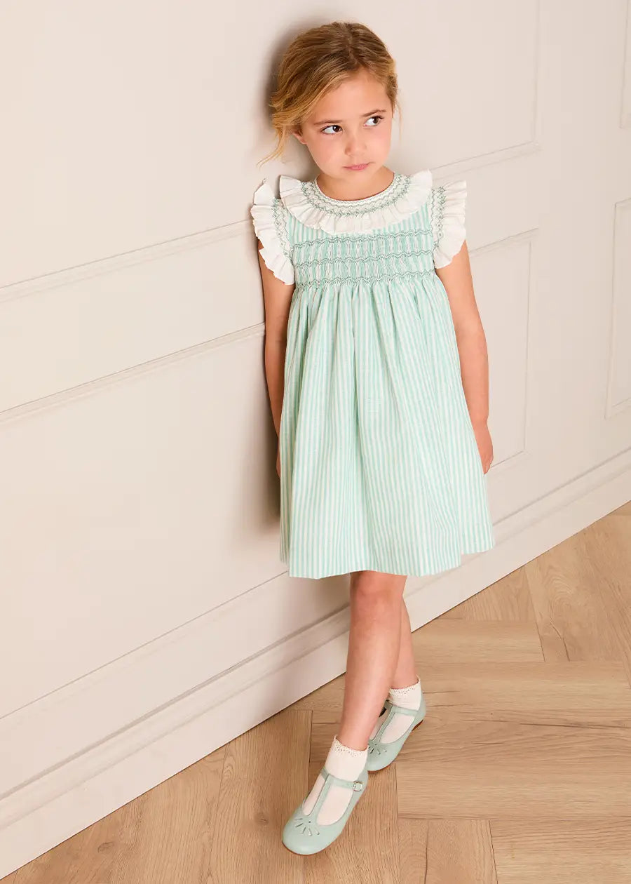 Wimbledon Stripe Hand Smocked Cap Sleeve Dress in Green | Pepa London Wimbledon Stripe Hand Smocked Cap Sleeve Dress in Green | Pepa London