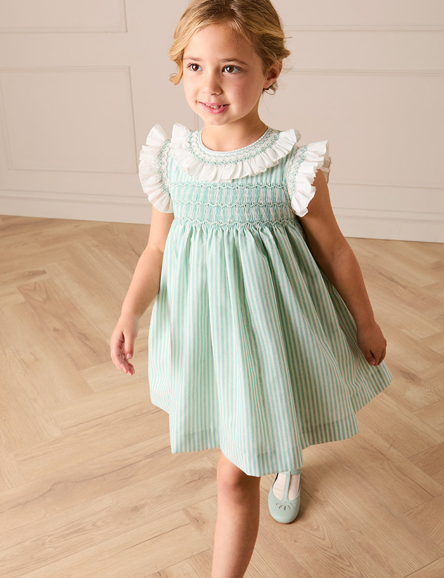Wimbledon Stripe Hand Smocked Frill Collar Cap Sleeve Dress in Green (12mths- 10yrs) Dresses from Pepa London