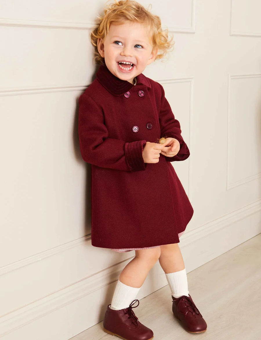 Traditional Double Breasted Coat in Burgundy (12mths-10yrs) Coats  from Pepa London