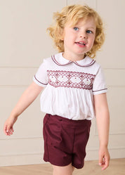 Hand Smocked Peter Pan Collar Short Sleeve Two Piece Set in Burgundy (18mths-6yrs) TWO PIECE SETS from Pepa London