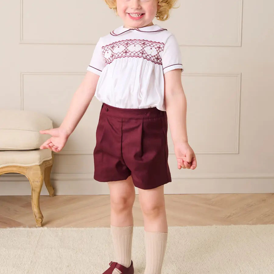 Hand Smocked Peter Pan Collar Short Sleeve Two Piece Set in Burgundy (18mths-6yrs) TWO PIECE SETS from Pepa London