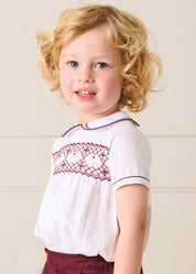 Hand Smocked Peter Pan Collar Short Sleeve Two Piece Set in Burgundy (18mths-6yrs) TWO PIECE SETS from Pepa London