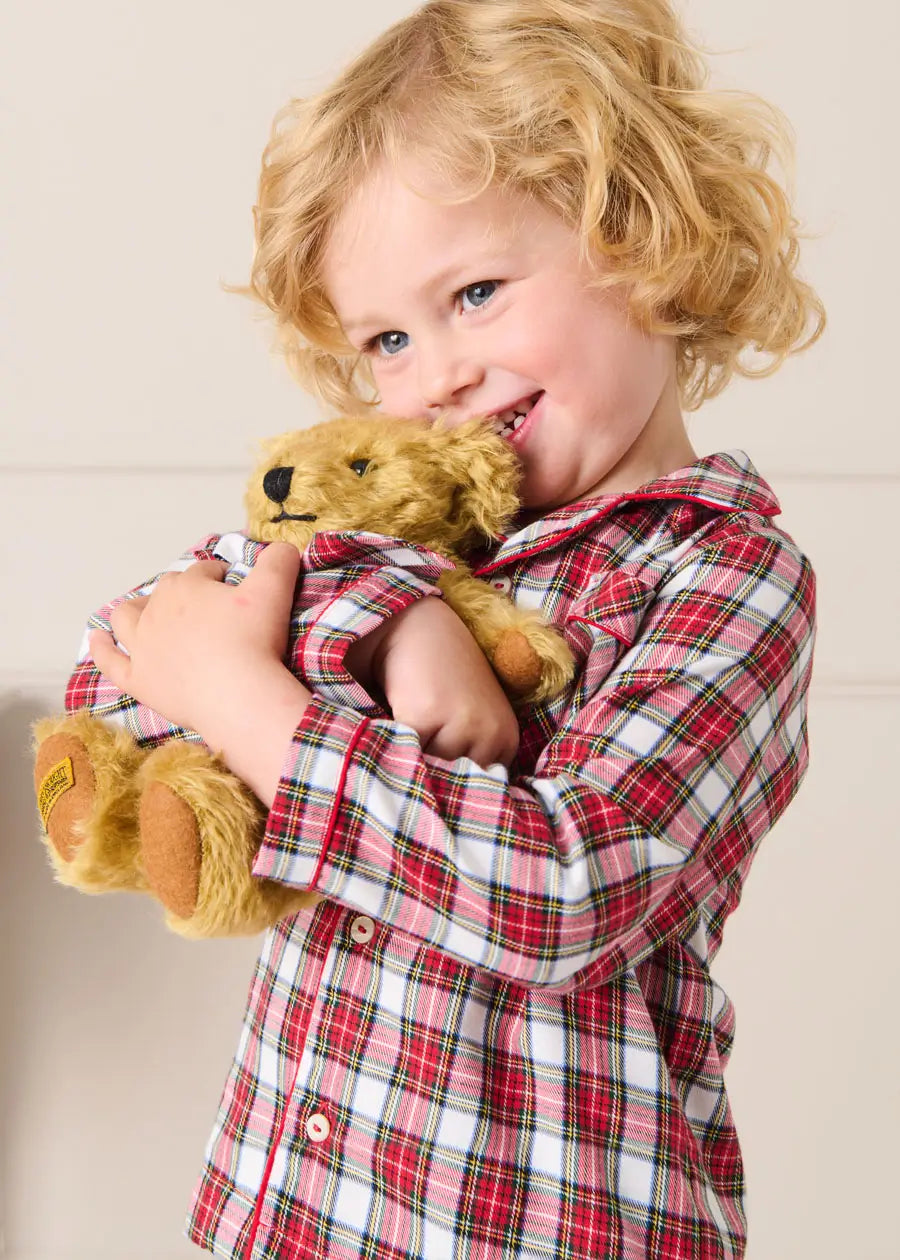 Limited Edition Merrythought & Pepa Teddy Bear with Grosvenor Tartan Bow in Red (S-M) Toys from Pepa London