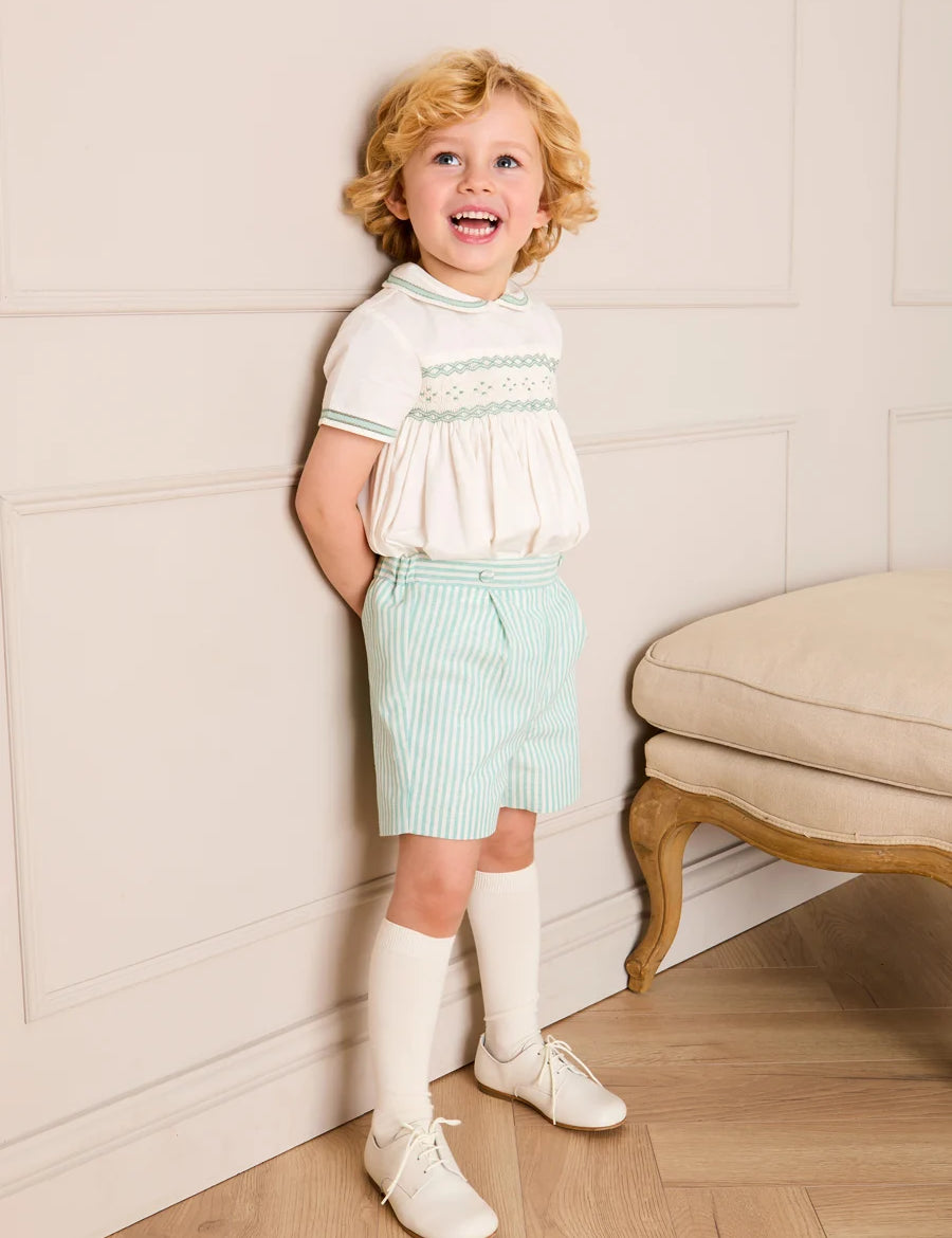 Wimbledon Stripe Hand Smocked Peter Pan Collar Two Piece Set in Green (18mths-6yrs) Two Piece Set from Pepa London