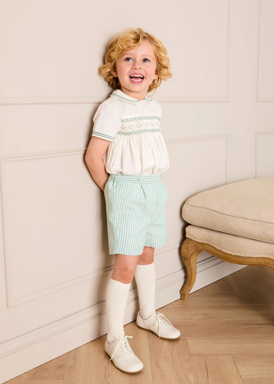 Wimbledon Stripe Hand Smocked Peter Pan Collar Two Piece Set in Green (18mths-6yrs) Two Piece Set from Pepa London